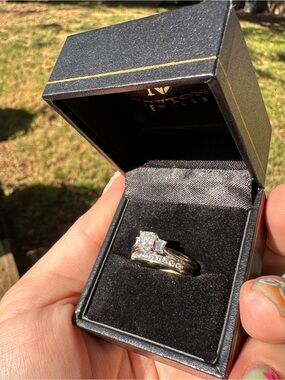 Womens 14K white gold diamond engagement ring and wedding band set